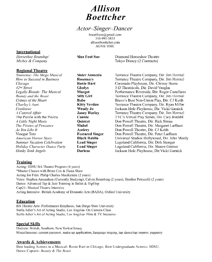 Allison Boettcher 2019 Theatrical Resume